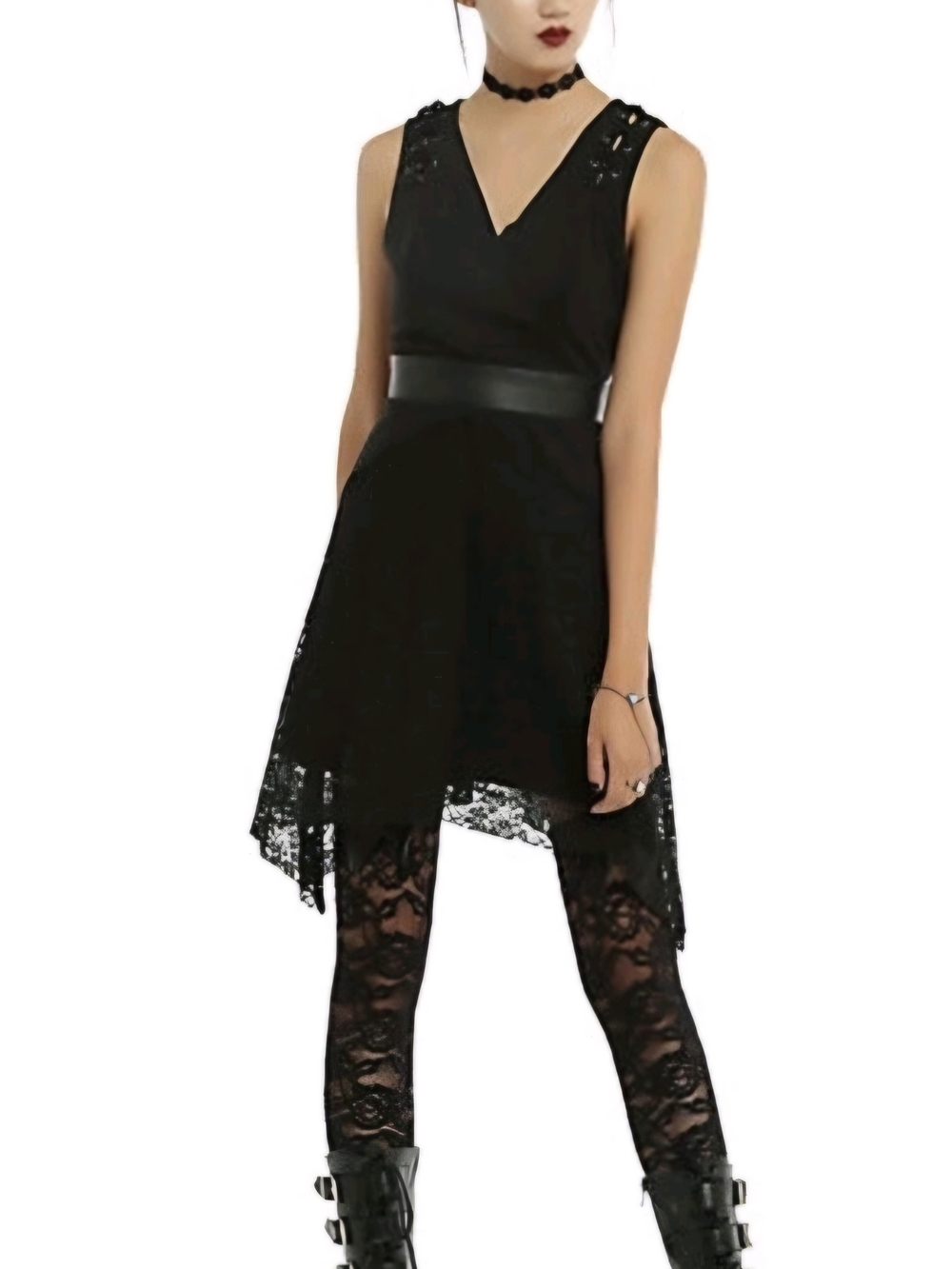 Hot Topic Black Lace-Trim V-Neck Mini Dress with Grommet Straps